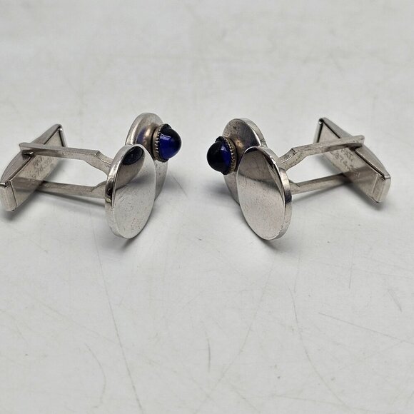 Vintage Silver Tone Cufflinks With Blue Glass Cabochon Mid Century - Picture 2 of 5